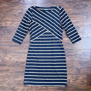 J McLaughlin • Drea Dress boat neck layered black tan Blazer Stripe sheath knit